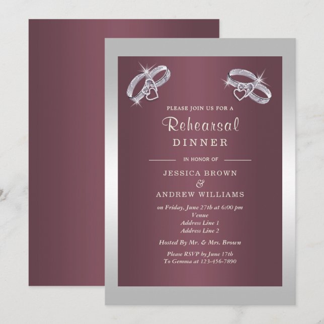 Sparkly Silver Rings & Burgandy Rehearsal Dinner Invitation (Front/Back)