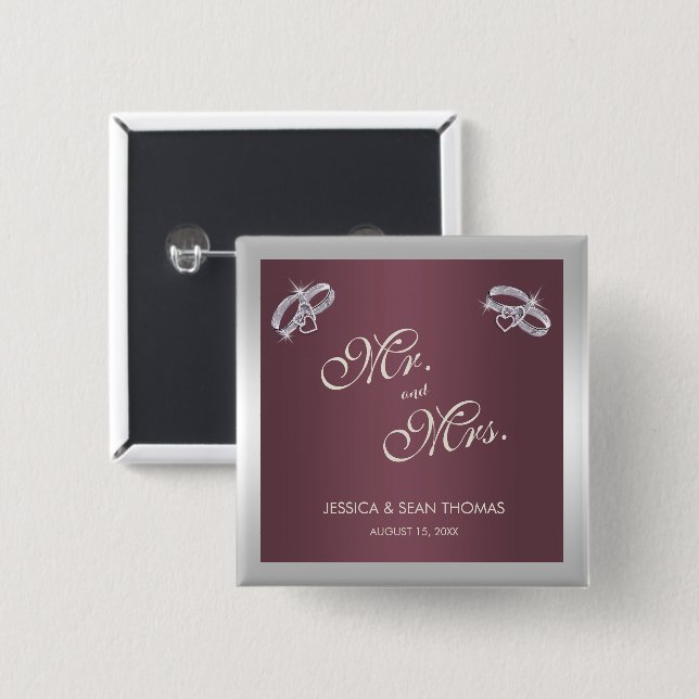Sparkly Silver Rings & Burgandy Wedding 2 Inch Square Button (Front & Back)