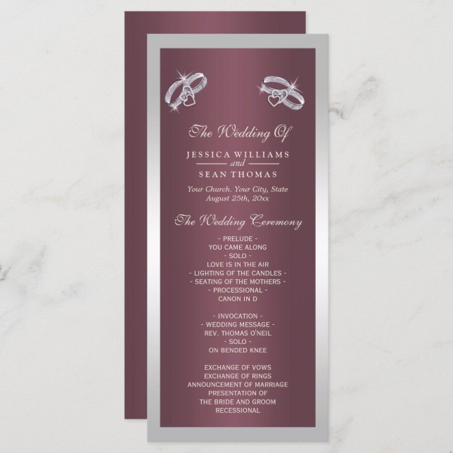 Sparkly Silver Rings & Burgandy Wedding Program (Front/Back)