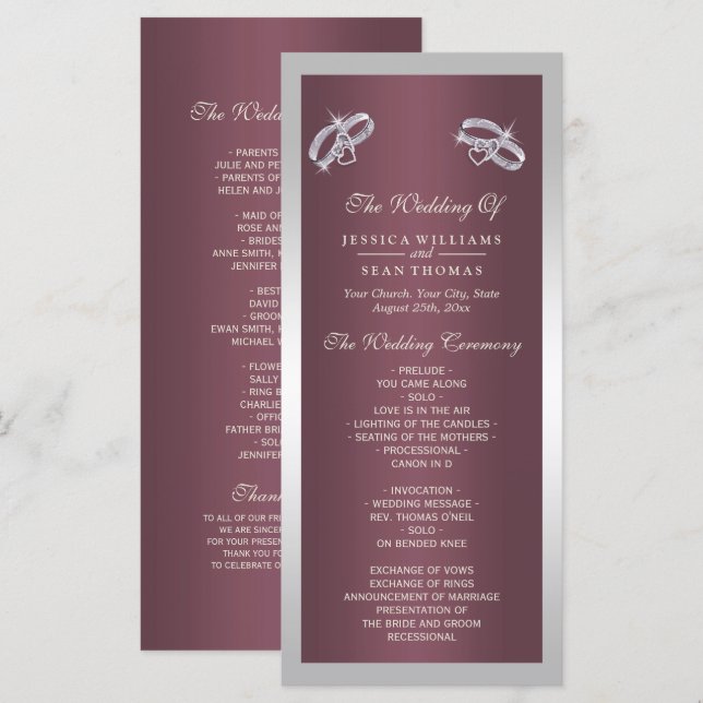 Sparkly Silver Rings & Burgandy Wedding Programme (Devant / Derrière)