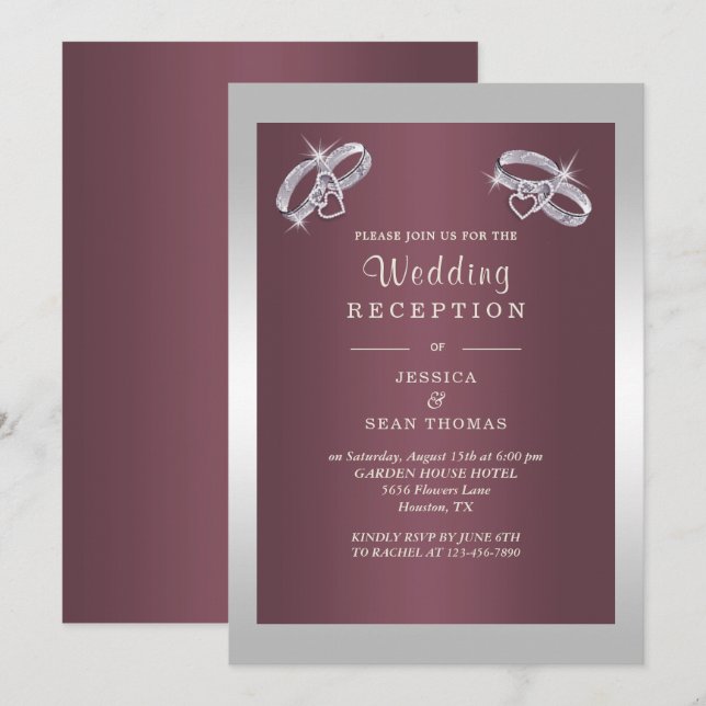 Sparkly Silver Rings & Burgandy Wedding Reception Invitation (Front/Back)