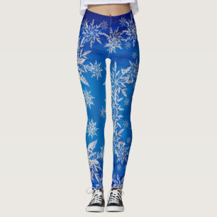 Sparkly Silver Snowflakes on Blue Leggings