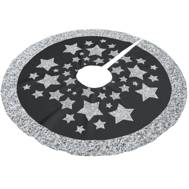 Sparkly Silver Stars Christmas holidays on black Brushed Polyester Tree Skirt (Angled)