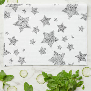 Sparkly Silver Stars Christmas holidays pattern  Kitchen Towel