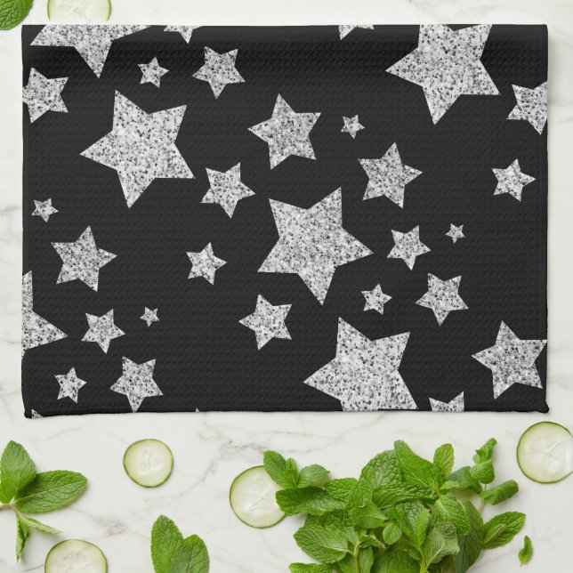Sparkly Silver Stars Christmas holidays pattern  Kitchen Towel (Folded)