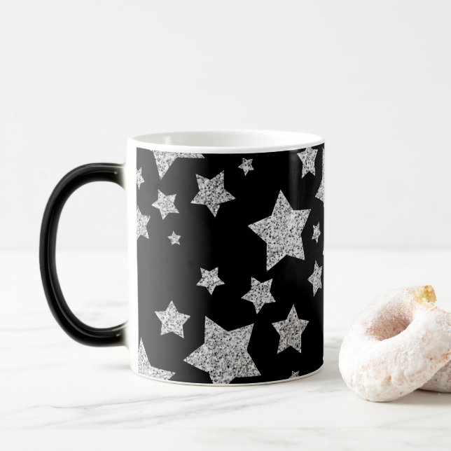 Sparkly Silver Stars Christmas holidays pattern Magic Mug (With Donut)