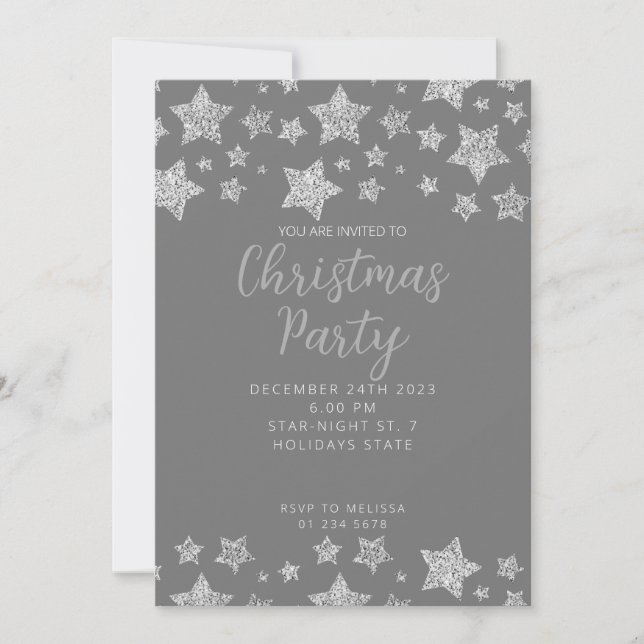 Sparkly Silver Stars Christmas party grey Invitation (Front)