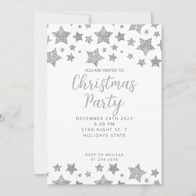 Sparkly Silver Stars Christmas party white Invitation (Front)