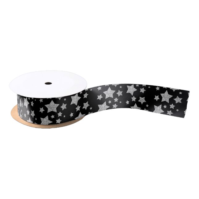 Sparkly Silver Stars Christmas pattern on black Satin Ribbon (Spool)