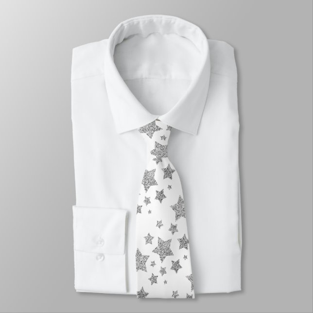 Sparkly Silver Stars Christmas pattern white Tie (Tied)
