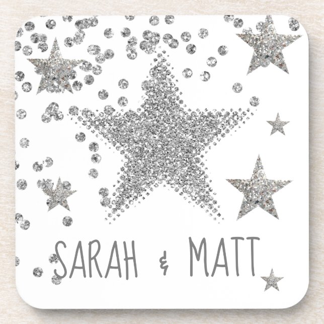 Sparkly Silver Stars Personnalised Wedding Coaster (Front)