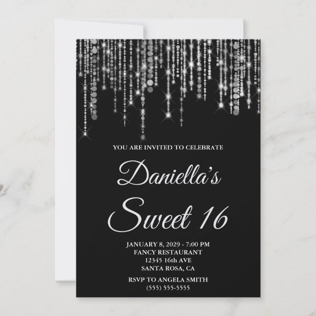 Sparkly Silver String Lights Black Sweet 16 Invitation (Front)
