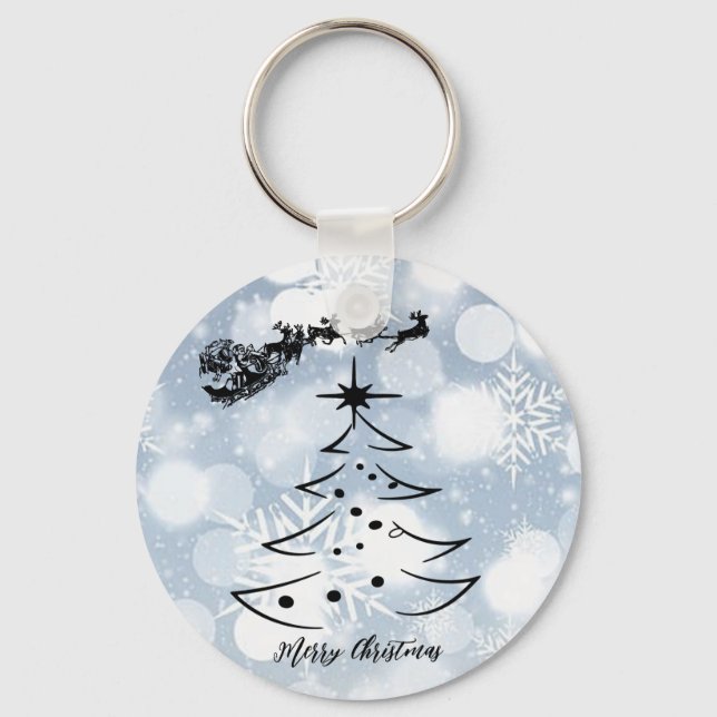 Sparkly Silver With Snowflake, Santa,  Reindeer Keychain (Front)