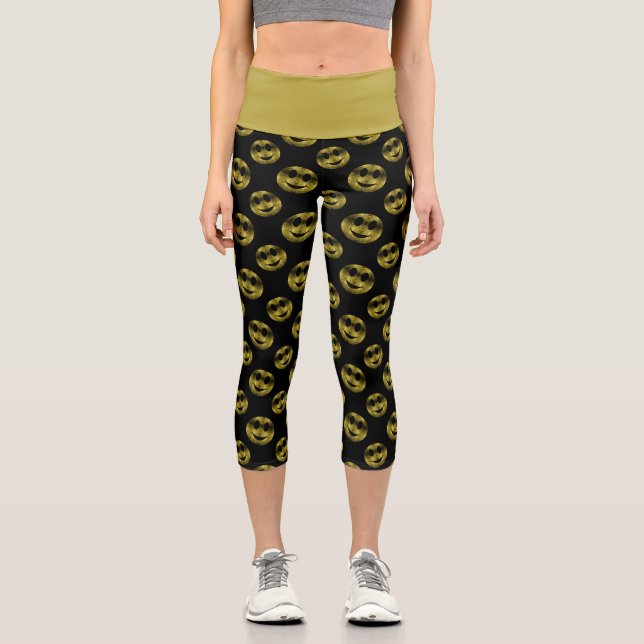 Sparkly Smile face Gold sparkles black pattern Capri Leggings (Front)