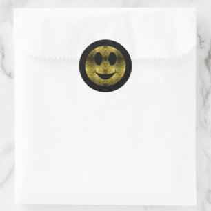 Sparkly Smile face Yellow Gold sparkles on Black Classic Round Sticker