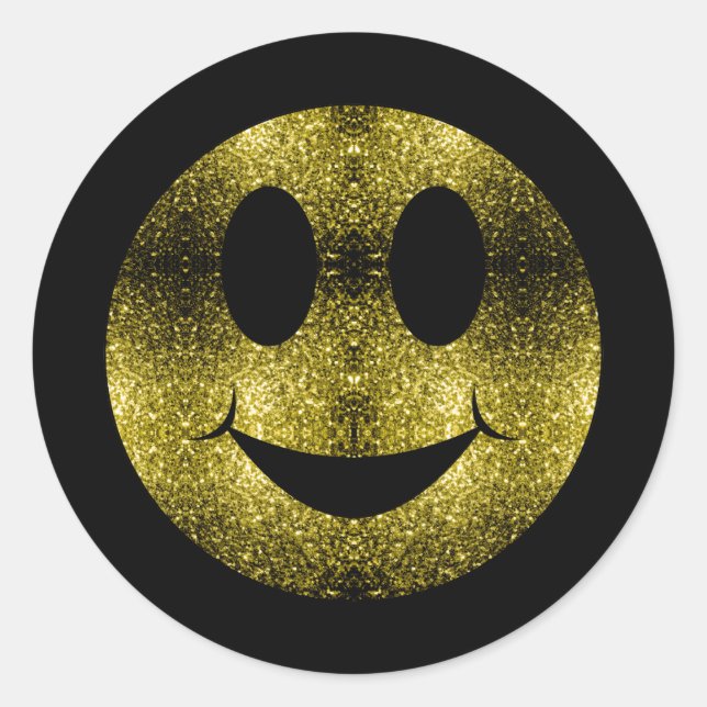 Sparkly Smile face Yellow Gold sparkles on Black Classic Round Sticker (Front)