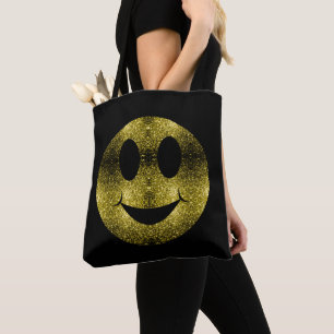 Sparkly Smile face Yellow Gold sparkles on Black Tote Bag
