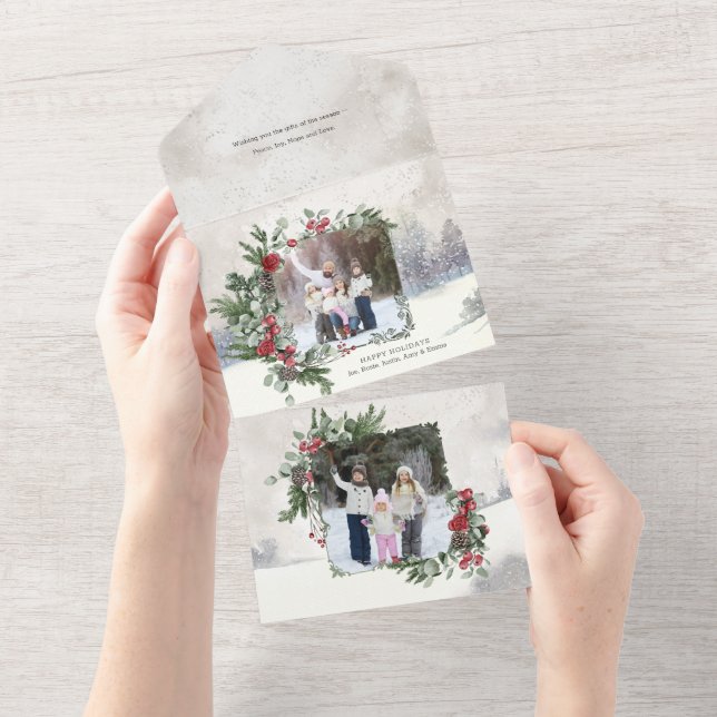 Sparkly Snow Scene Winter Floral Photo  All In One Invitation (Tearaway)