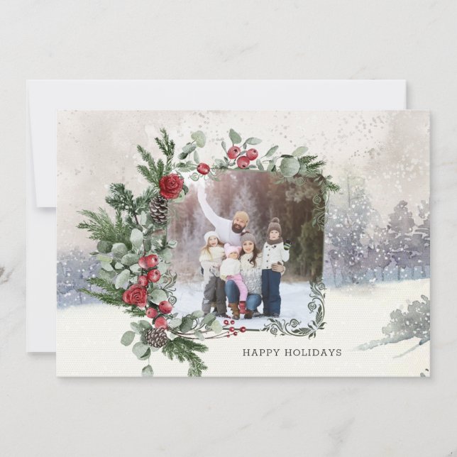 Sparkly Snow Scene Winter Floral Photo  Holiday Card (Front)