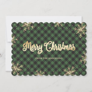 Sparkly Snowflakes Green Plaid Gold Christmas Holiday Card