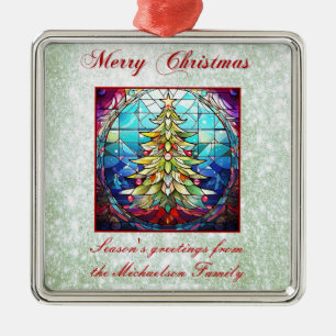Sparkly Stained Glass Christmas Tree Green Glitter Metal Ornament