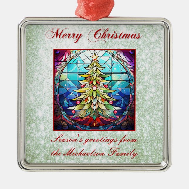 Sparkly Stained Glass Christmas Tree Green Glitter Metal Ornament (Front)