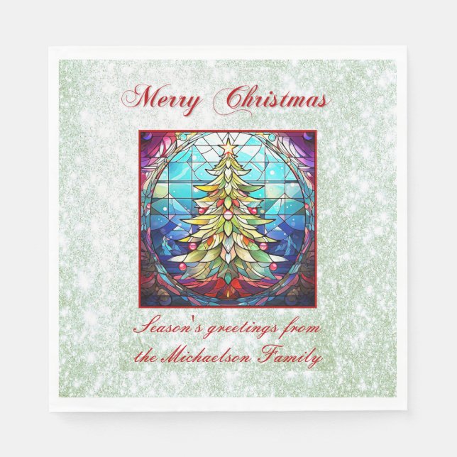 Sparkly Stained Glass Christmas Tree Green Glitter Napkin (Front)