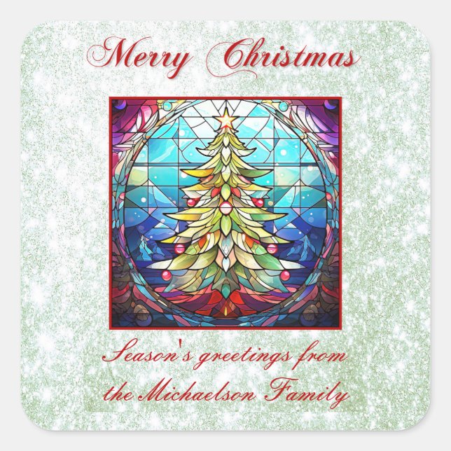 Sparkly Stained Glass Christmas Tree Green Glitter Square Sticker (Front)