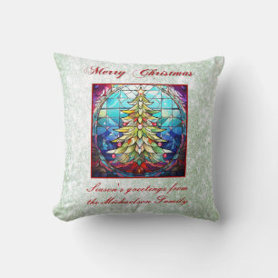 Sparkly Stained Glass Christmas Tree Green Glitter Throw Pillow
