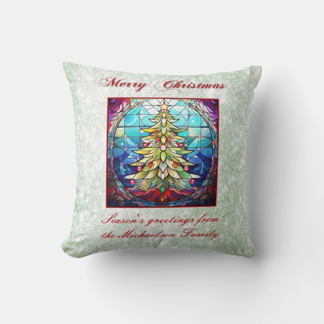 Sparkly Stained Glass Christmas Tree Green Glitter Throw Pillow (Front)