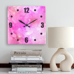 Sparkly star numbers on pink watercolor abstract square wall clock<br><div class="desc">Tiny purple hot pink star numbers twinkle on a dappled pink celestial abstract watercolor background. Enliven up your favourite room with this stunning, vibrant wall clock. Your choice of a round or square clock face. Makes a great housewarming gift! You can easily personalize this wall clock plus I also offer...</div>