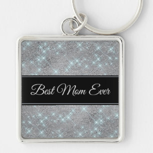 Sparkly Star Silver Black Best Mom Keychain