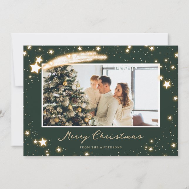 Sparkly Stars Green Photo Christmas Cards (Front)