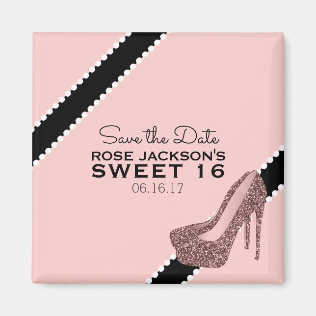 Sparkly Stiletto Heel Sweet 16 Save the Date Pink Magnet (Front)