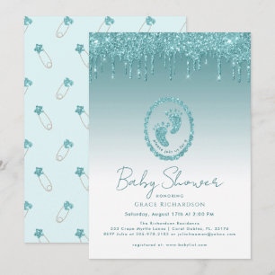 Sparkly Teal Baby Shower Feet Glitter Drips Invitation