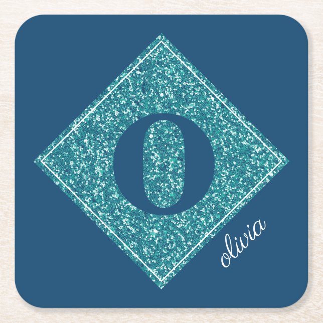 Sparkly Teal Blue Glitter Personalized Coaster (Front)