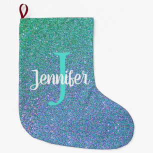 Sparkly Teal Blue Ombre Glitter Monogram Name Large Christmas Stocking