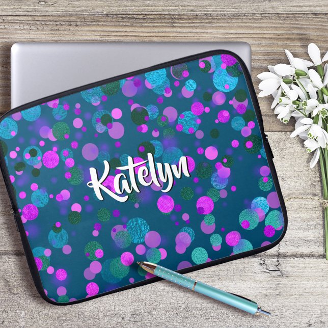Sparkly teal blue purple confetti dots custom name laptop sleeve (Creator Uploaded)