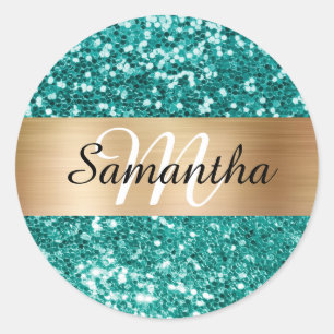 Sparkly Teal Glitter Gold Shimmer Monogram Classic Round Sticker