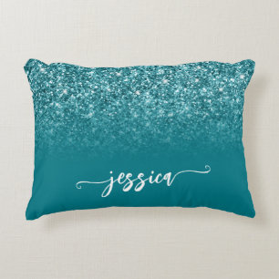 Sparkly Teal Glitter Ombre Modern Script Accent Pillow