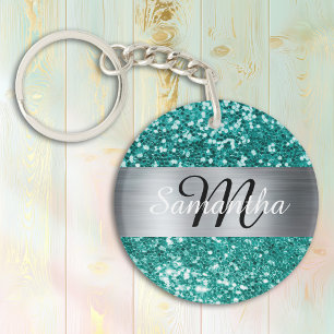 Sparkly Teal Glitter Silver Foil Monogram Keychain