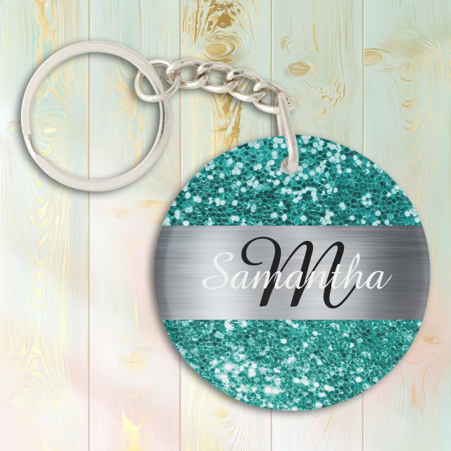 Sparkly Teal Glitter Silver Foil Monogram Keychain (Sparkly Teal Glitter Silver Foil Monogram Keychain)