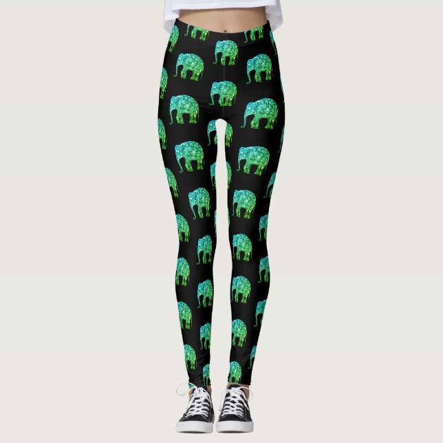 Sparkly teal green ombre Elephant pattern black Leggings (Front)
