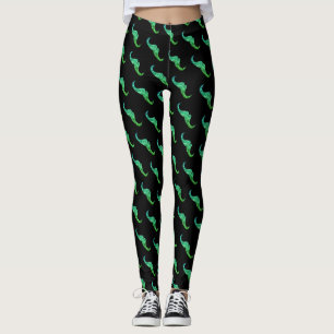Sparkly teal green ombre Mustache pattern black Leggings