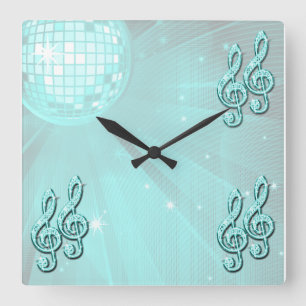 Sparkly Teal Music Note Square Wall Clock
