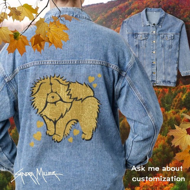 SPARKLY THANG rough chow  faux metallc Denim Jacket (BEAUTIFUL denim jacket featuring a golden toned chow chow. Lots of Bling!!)