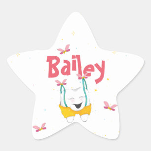 Sparkly Tooth in Suspenders Personalized in Peach Star Sticker