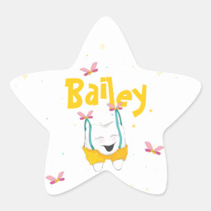 Sparkly Tooth in Suspenders Personalized in Yellow Star Sticker