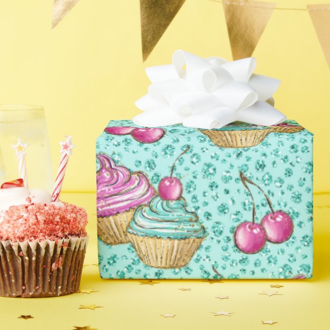 Sparkly Turquoise Pink and Blue Cupcakes Birthday Wrapping Paper (Birthday Party)