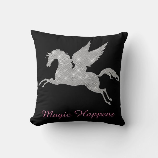 Sparkly Unicorn Black Background Magic Happens Throw Pillow (Front)